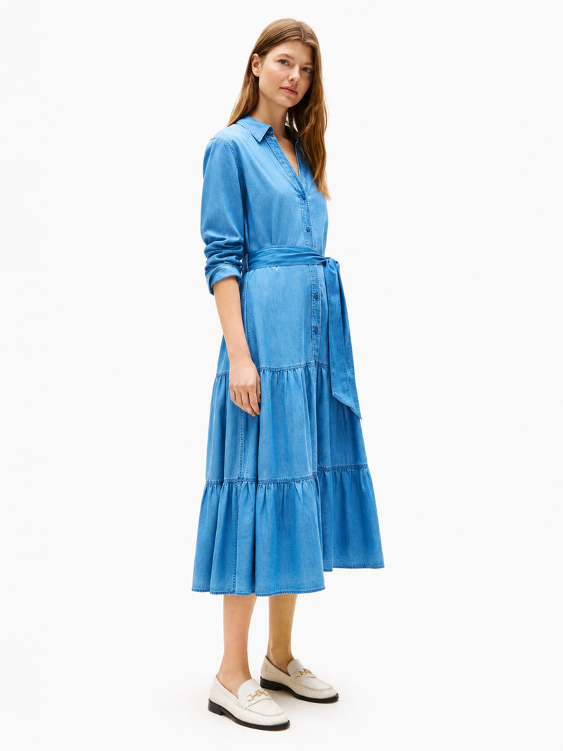 Full Sleeve Solid Chambray Fit and Flare Dress