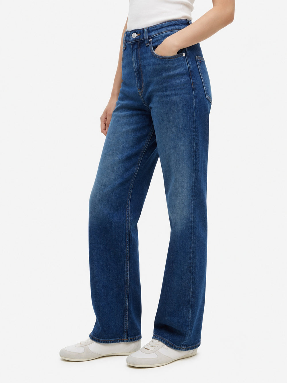 Women High Rise Mid Wash Stretch Slim Straight Jeans