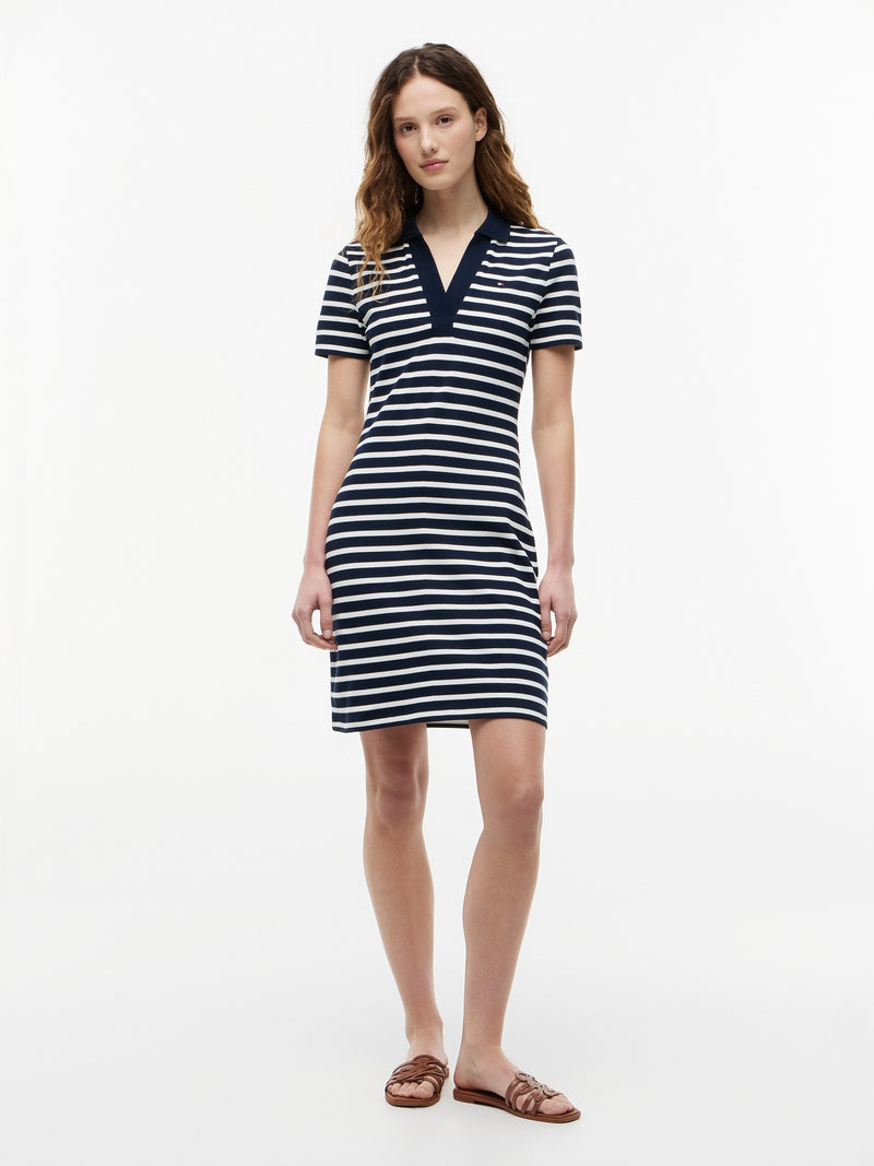 Half Sleeve Stripe Cotton Blend Bodycon Polo Dress