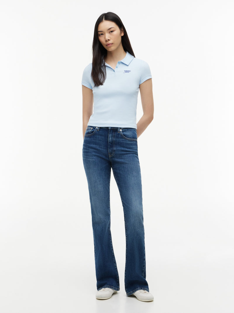 Women High Rise Mid Wash Stretch Flared Jeans