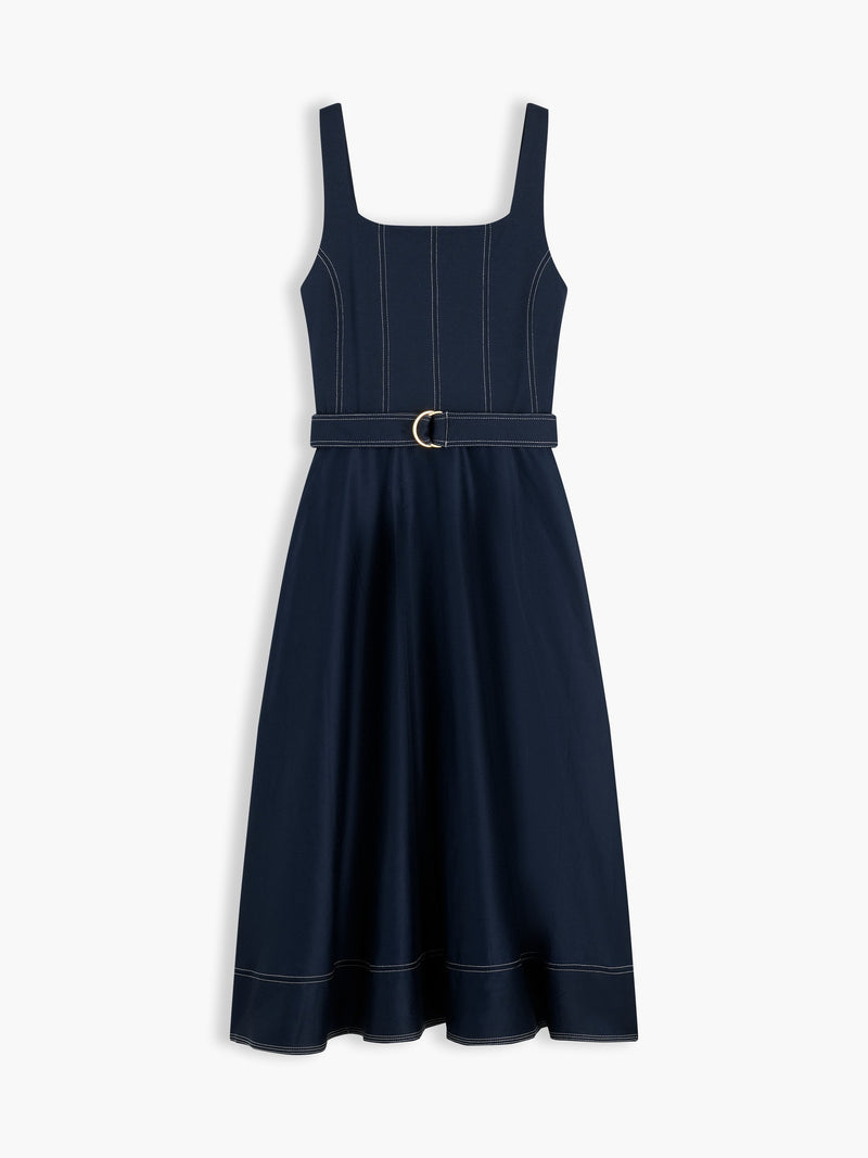 Half Sleeve Solid Cotton Blend Fit and Flare Dress