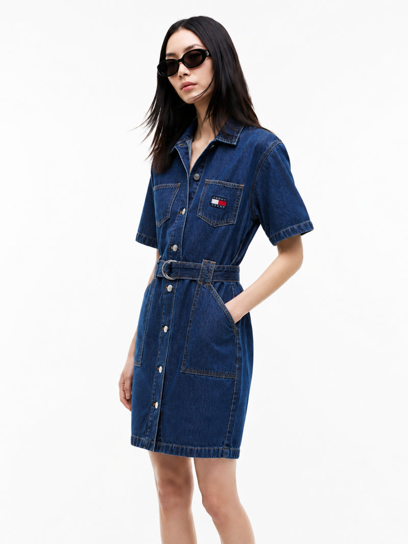 Half Sleeve Solid Denim Shirt Dress