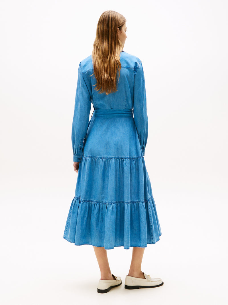 Full Sleeve Solid Chambray Fit and Flare Dress