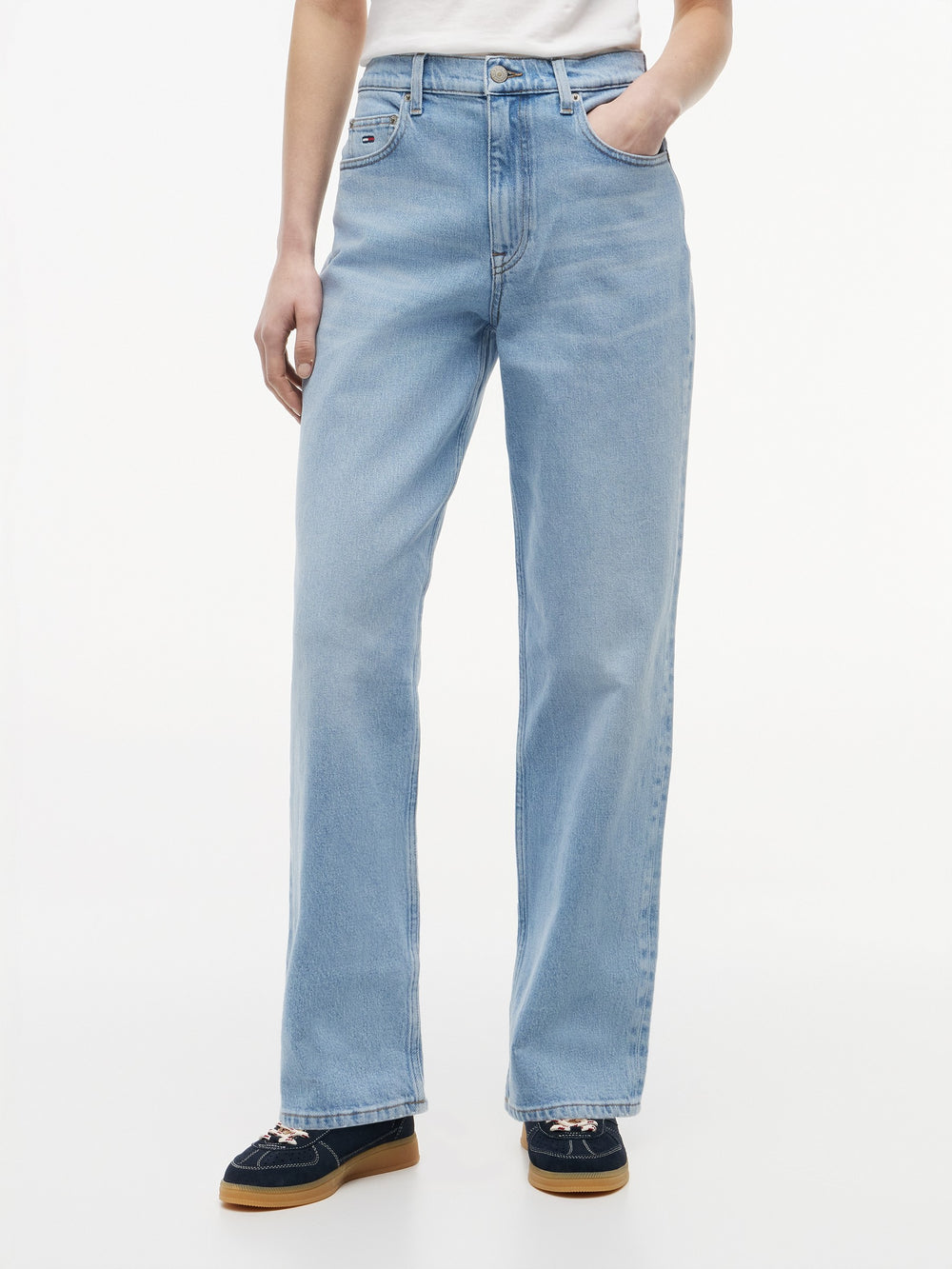 Women High Rise Light Wash Stretch Slim Straight Jeans
