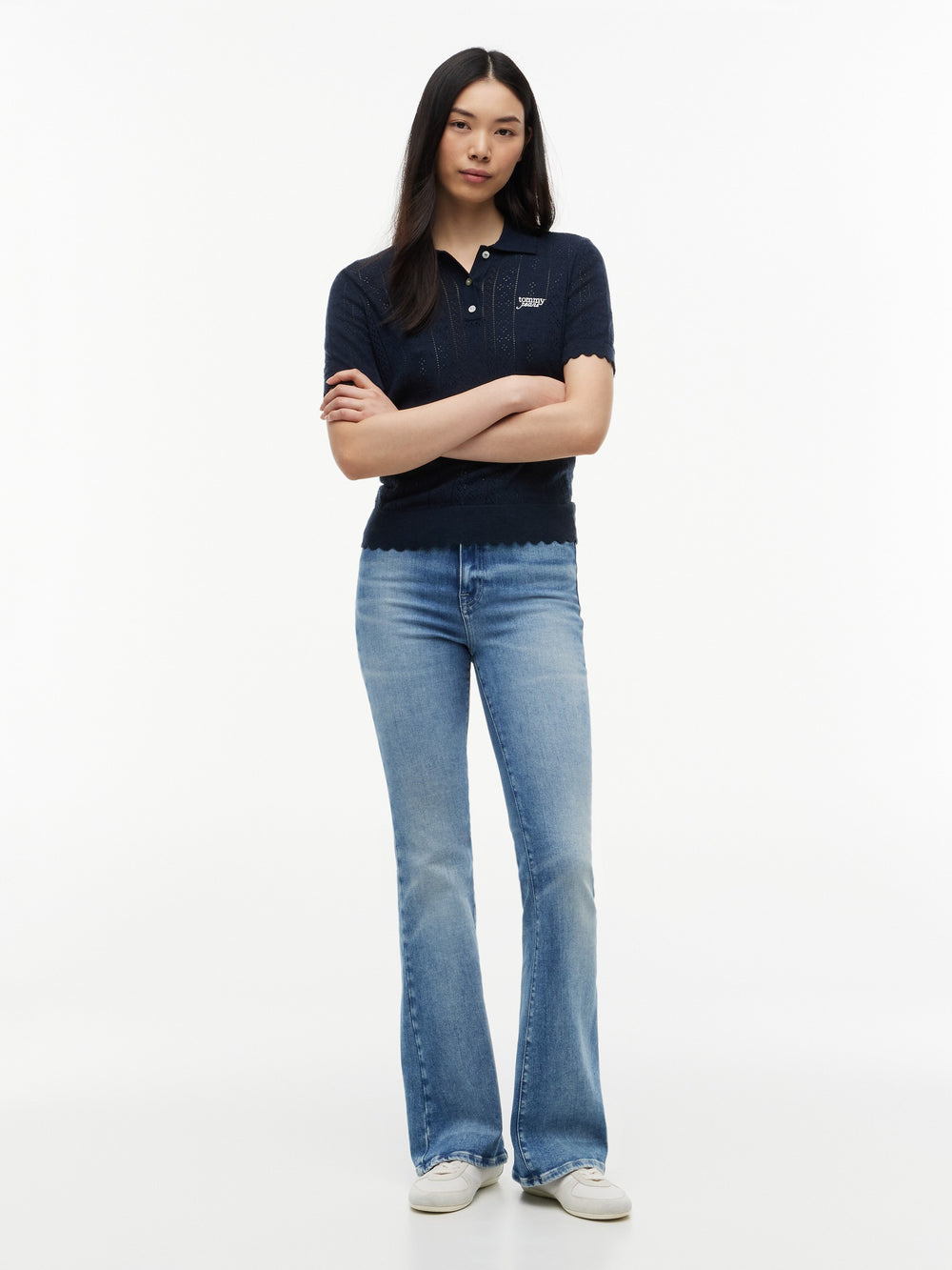 Women High Rise Mid Wash Stretch Flared Jeans