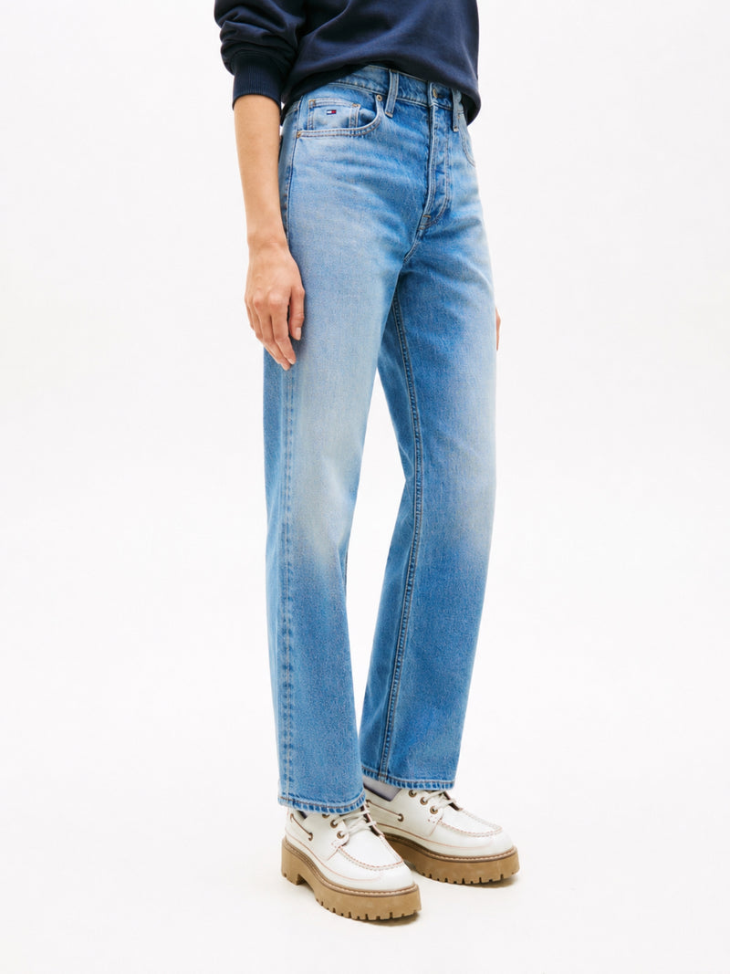 Women High Rise Mid Wash Stretch Straight Jeans