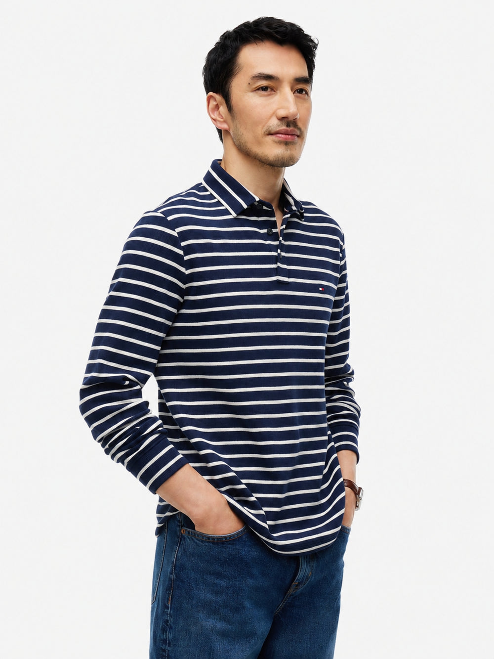 Long Sleeve Striped Textured Polo