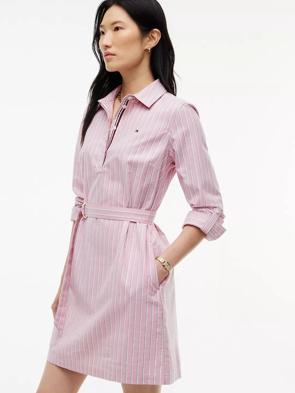 Full Sleeve Stripe Cotton Blend Shirt Dress