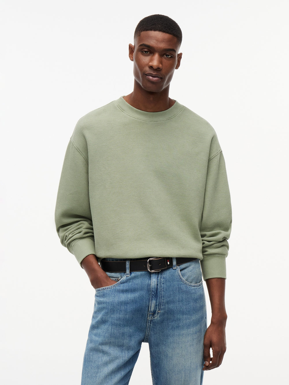 Relaxed Fit Waffle Crew Neck Sweatshirt