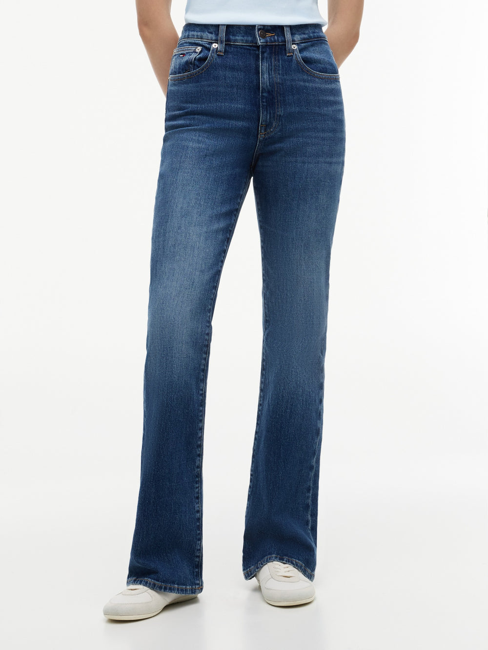 Women High Rise Mid Wash Stretch Flared Jeans