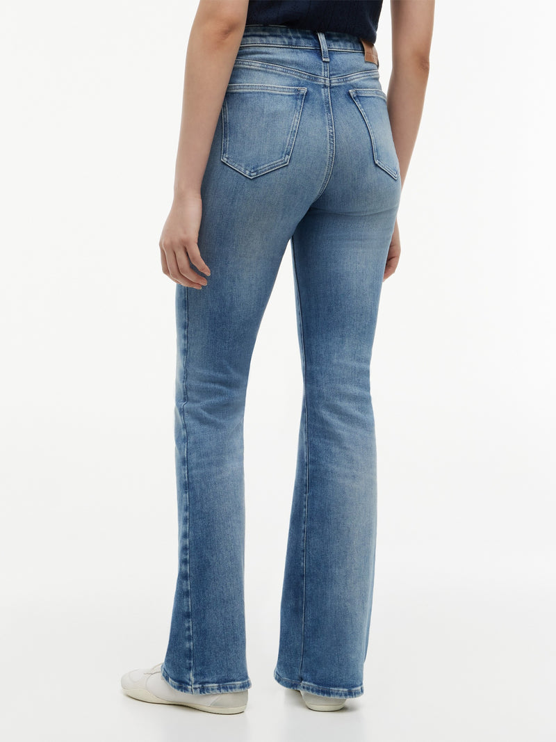 Women High Rise Mid Wash Stretch Flared Jeans