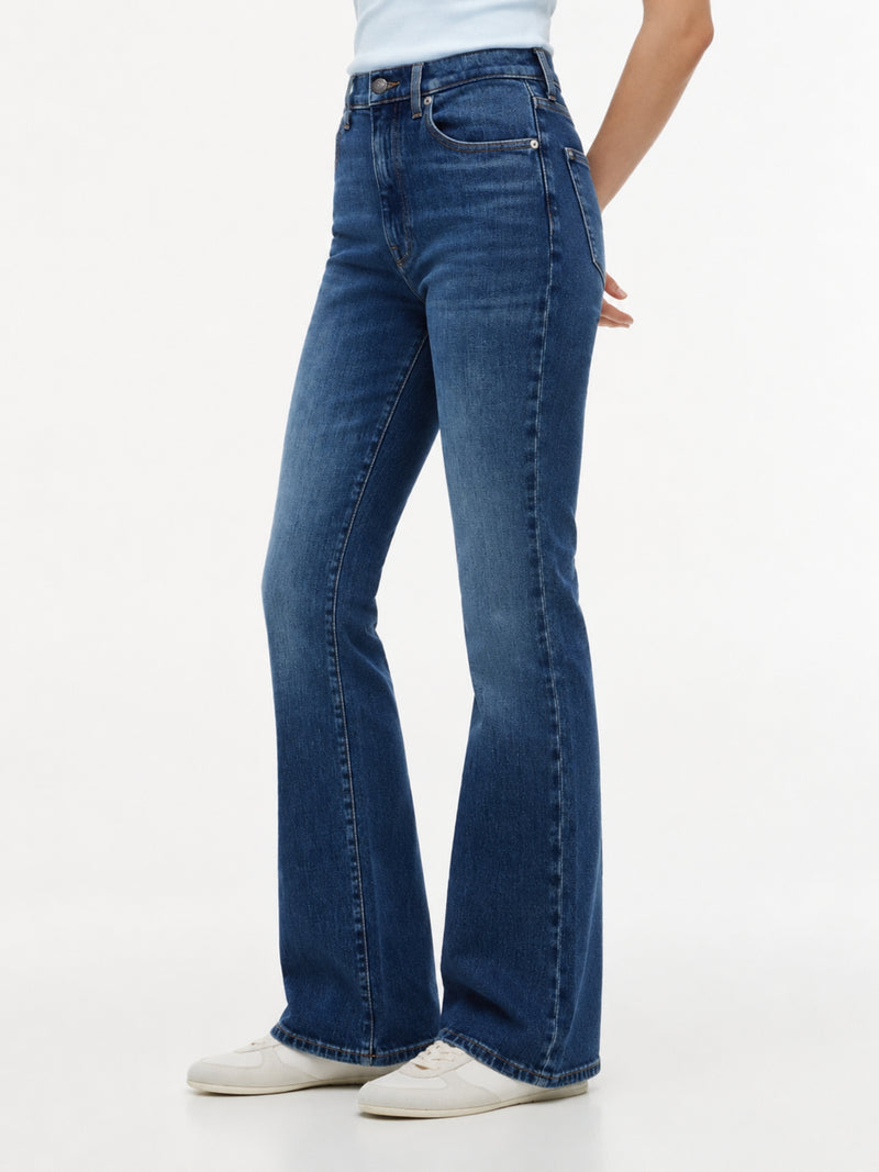 Women High Rise Mid Wash Stretch Flared Jeans