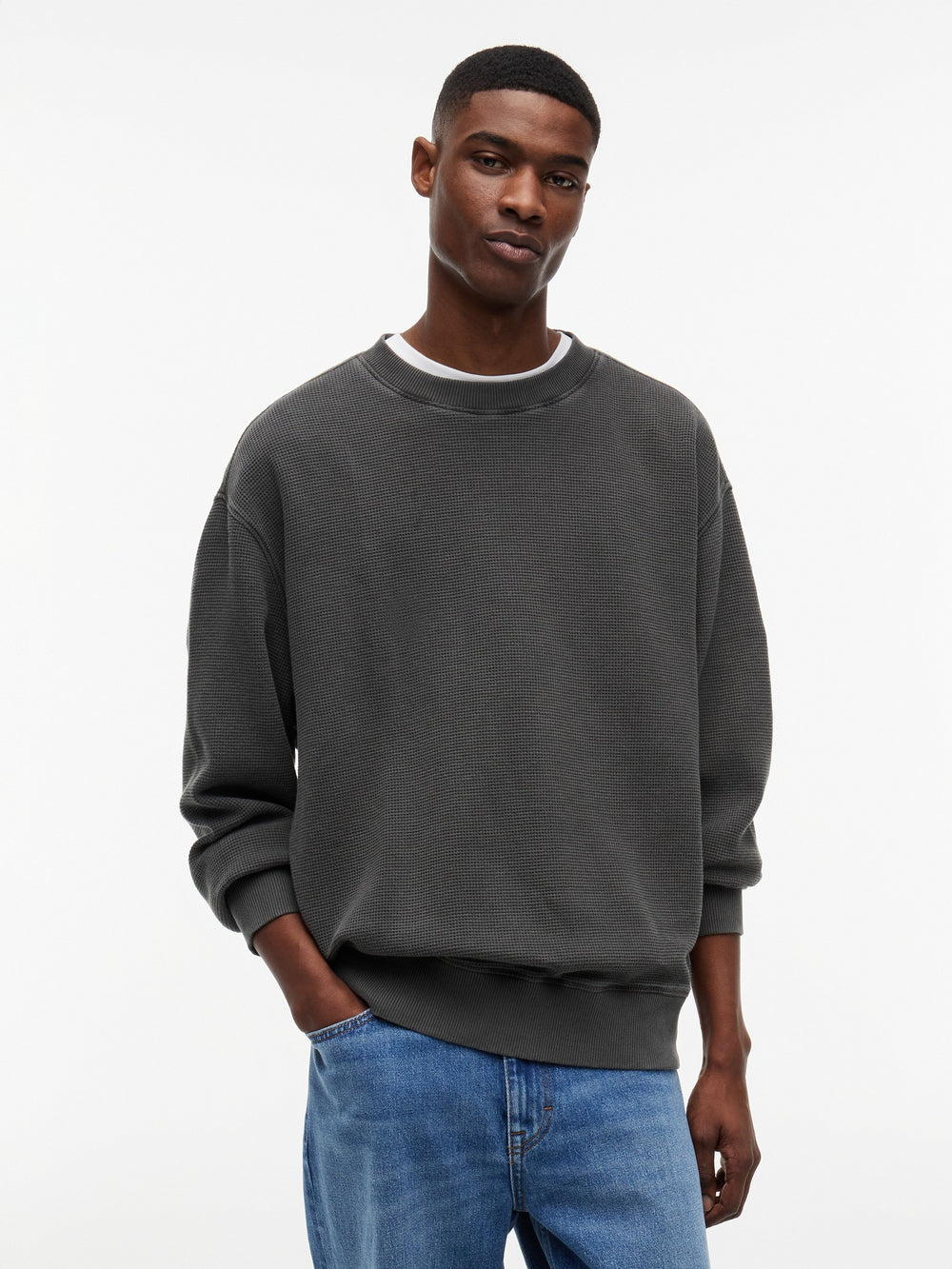 Relaxed Fit Waffle Crew Neck Sweatshirt