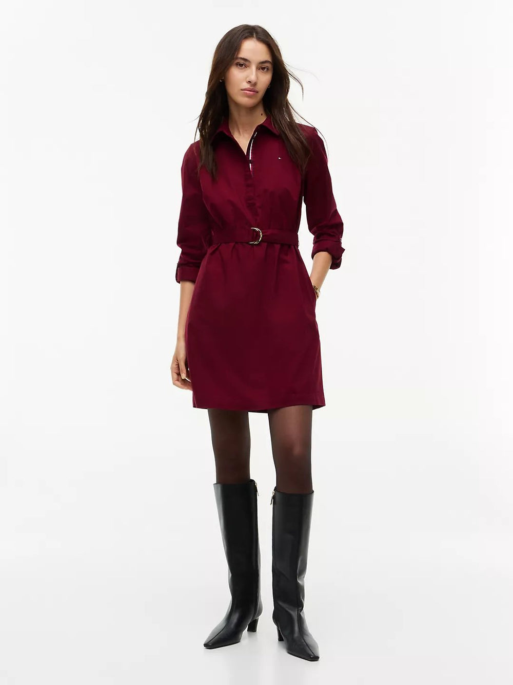 Full Sleeve Solid Cotton Blend Shirt Dress