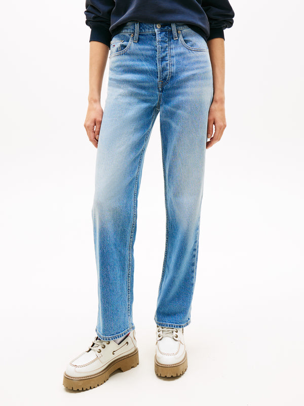 Women High Rise Mid Wash Stretch Straight Jeans