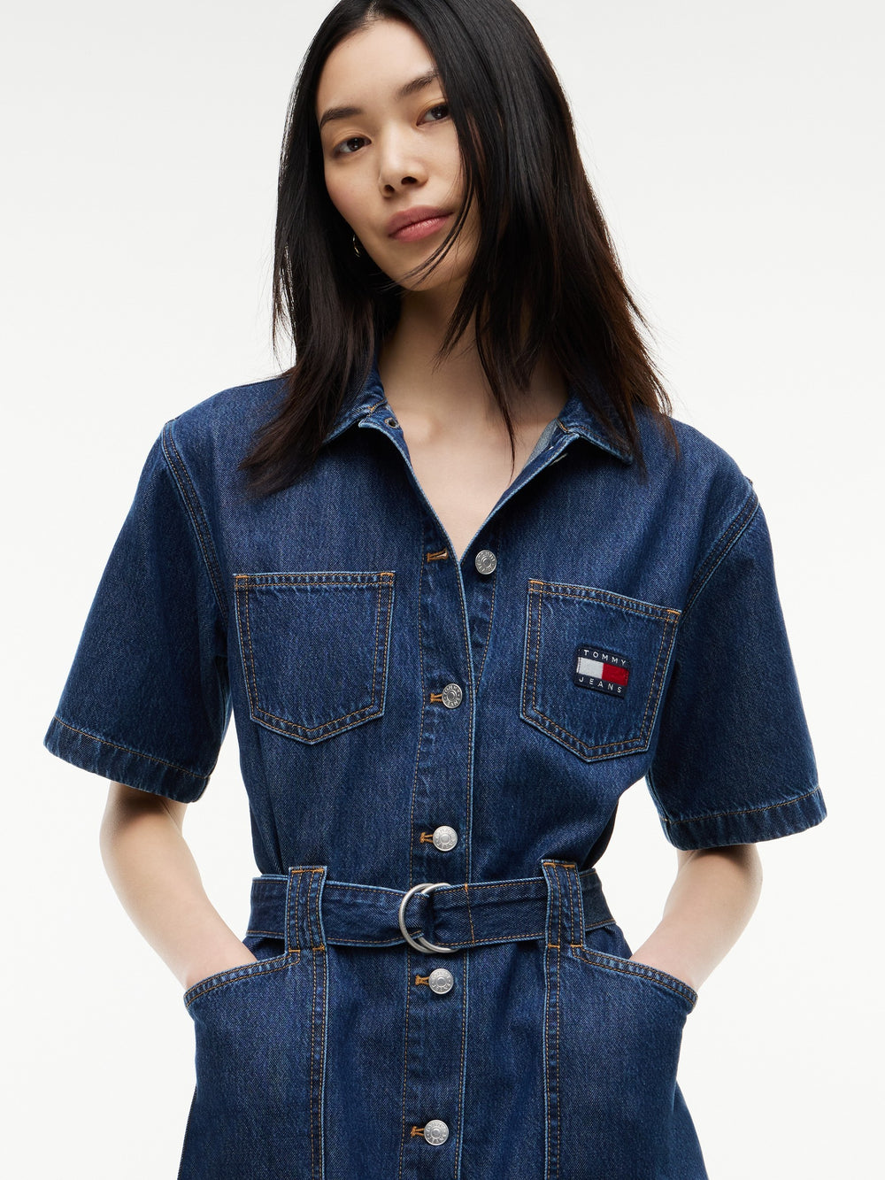 Half Sleeve Solid Denim Shirt Dress