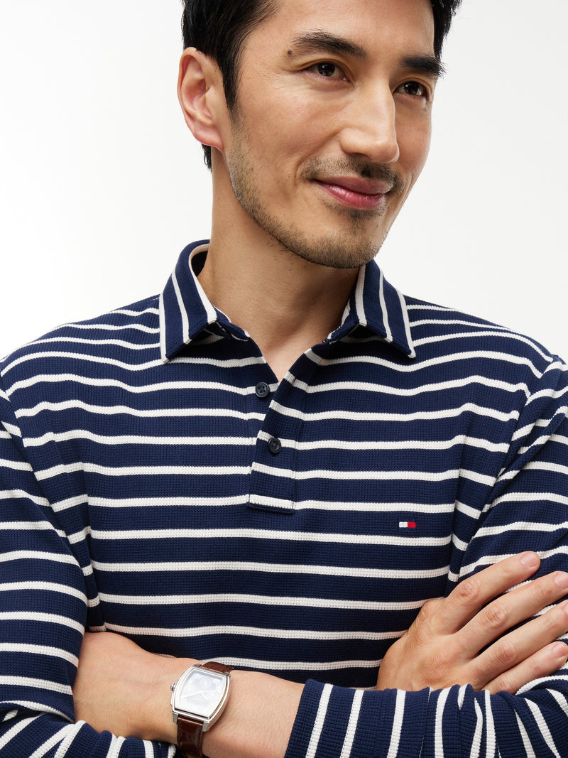 Long Sleeve Striped Textured Polo