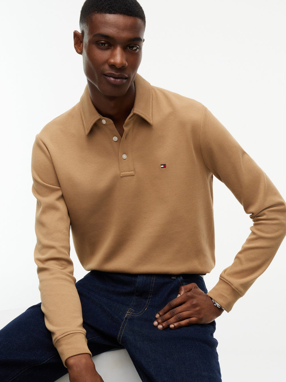 Long Sleeve Solid Textured Polo