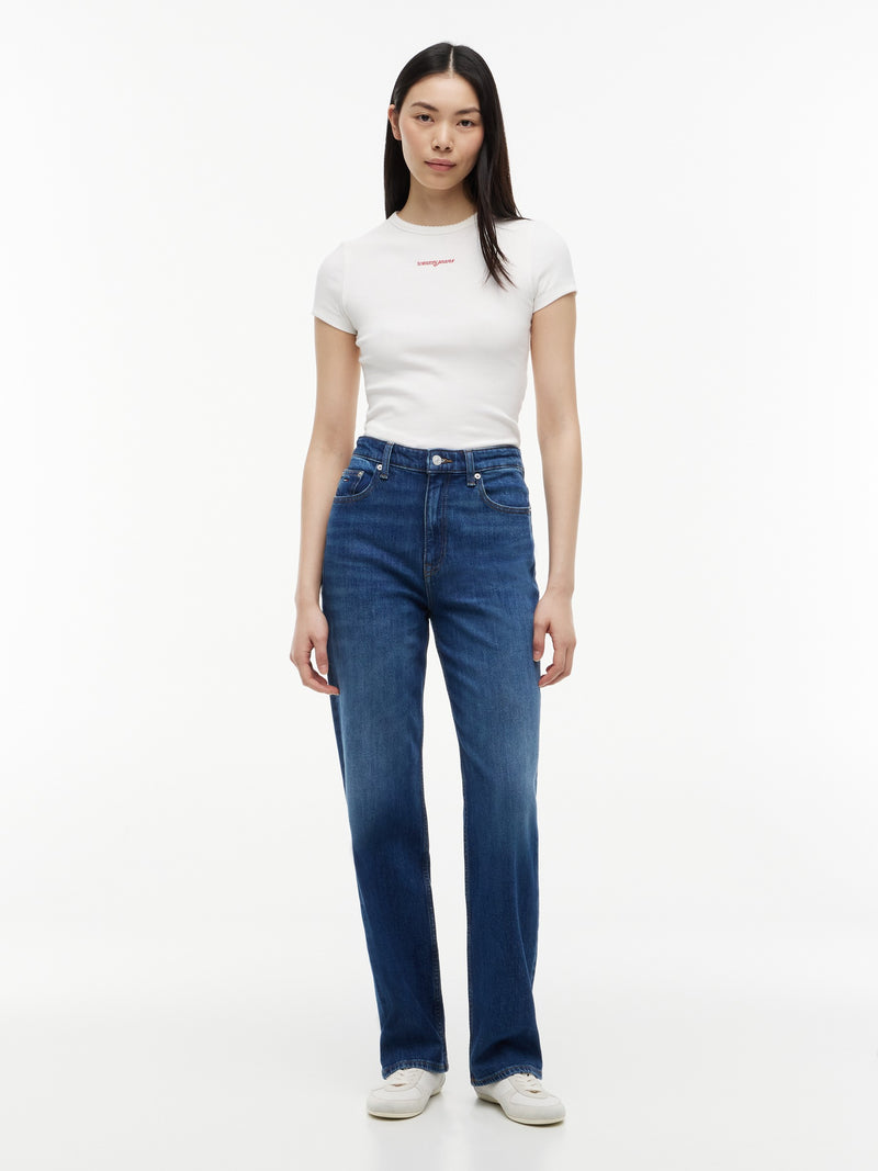 Women High Rise Mid Wash Stretch Slim Straight Jeans