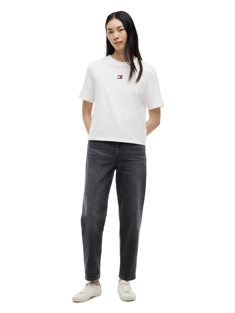 Women Mid Rise Dark Wash Stretch Mom Jeans