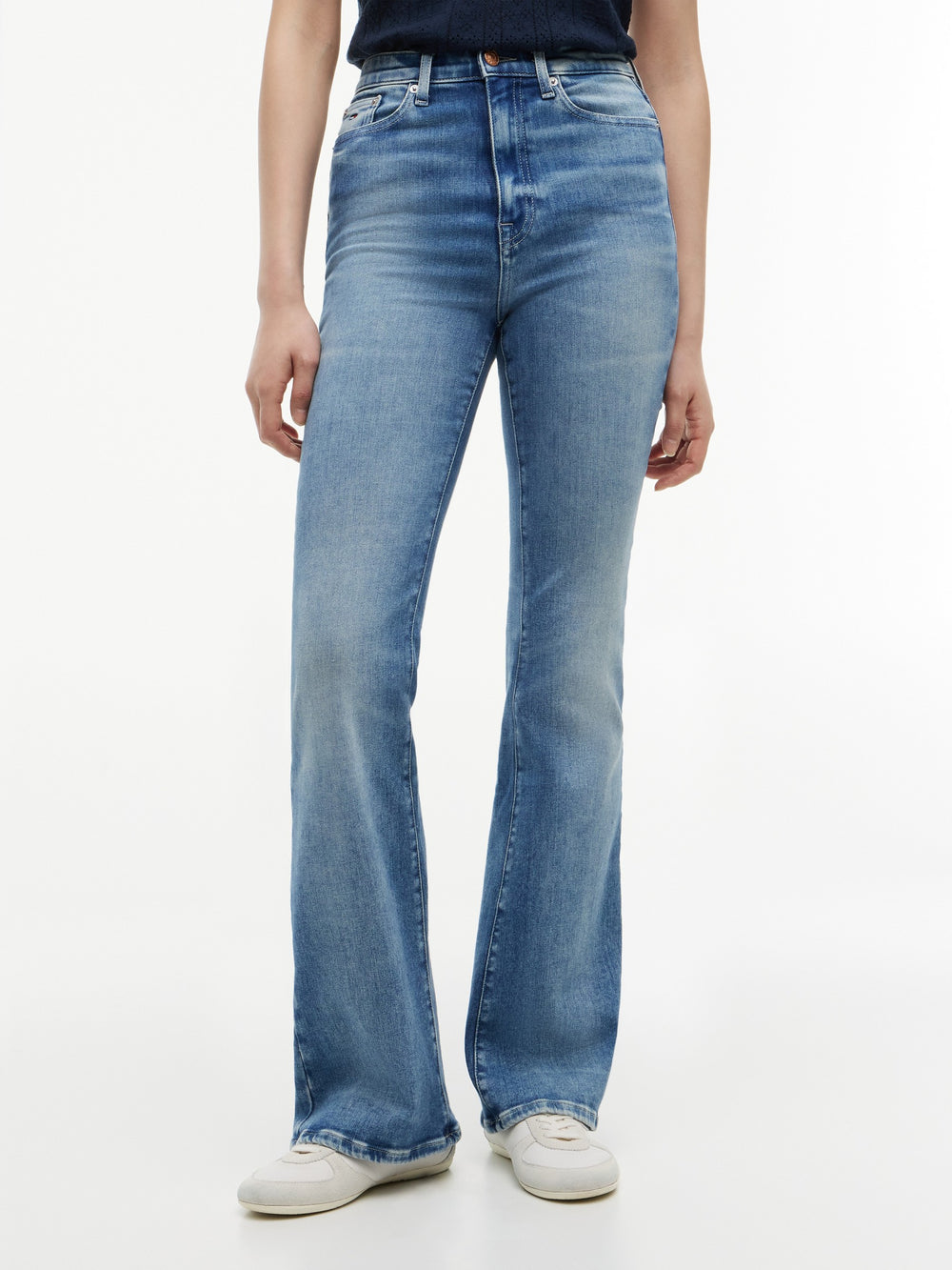 Women High Rise Mid Wash Stretch Flared Jeans