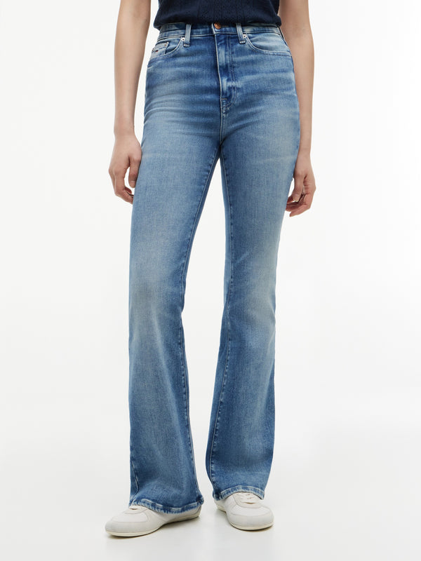 Women High Rise Mid Wash Stretch Flared Jeans