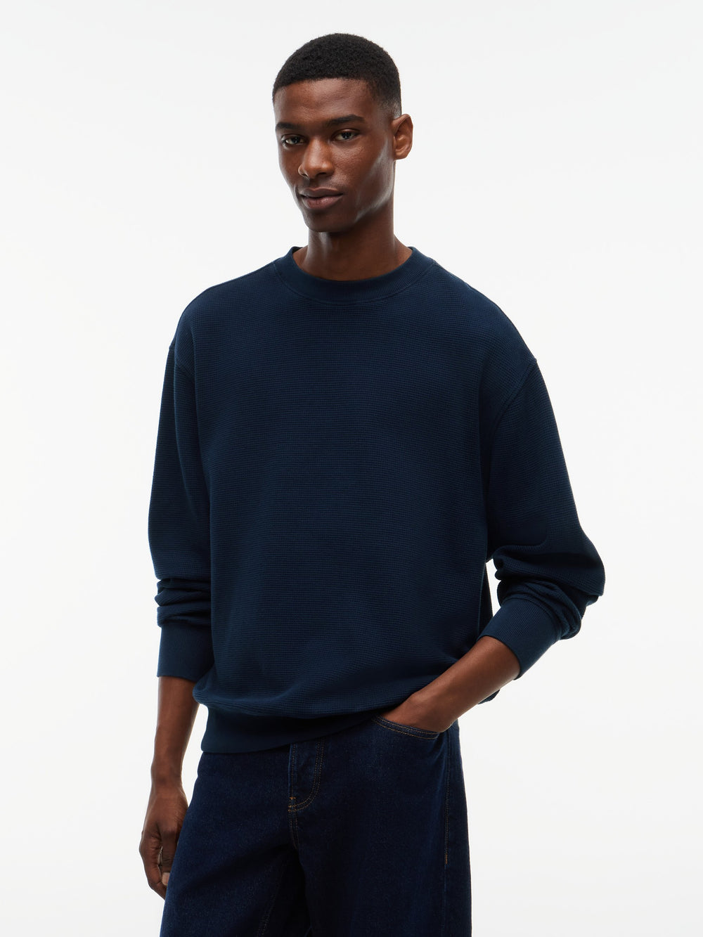 Relaxed Fit Waffle Crew Neck Sweatshirt