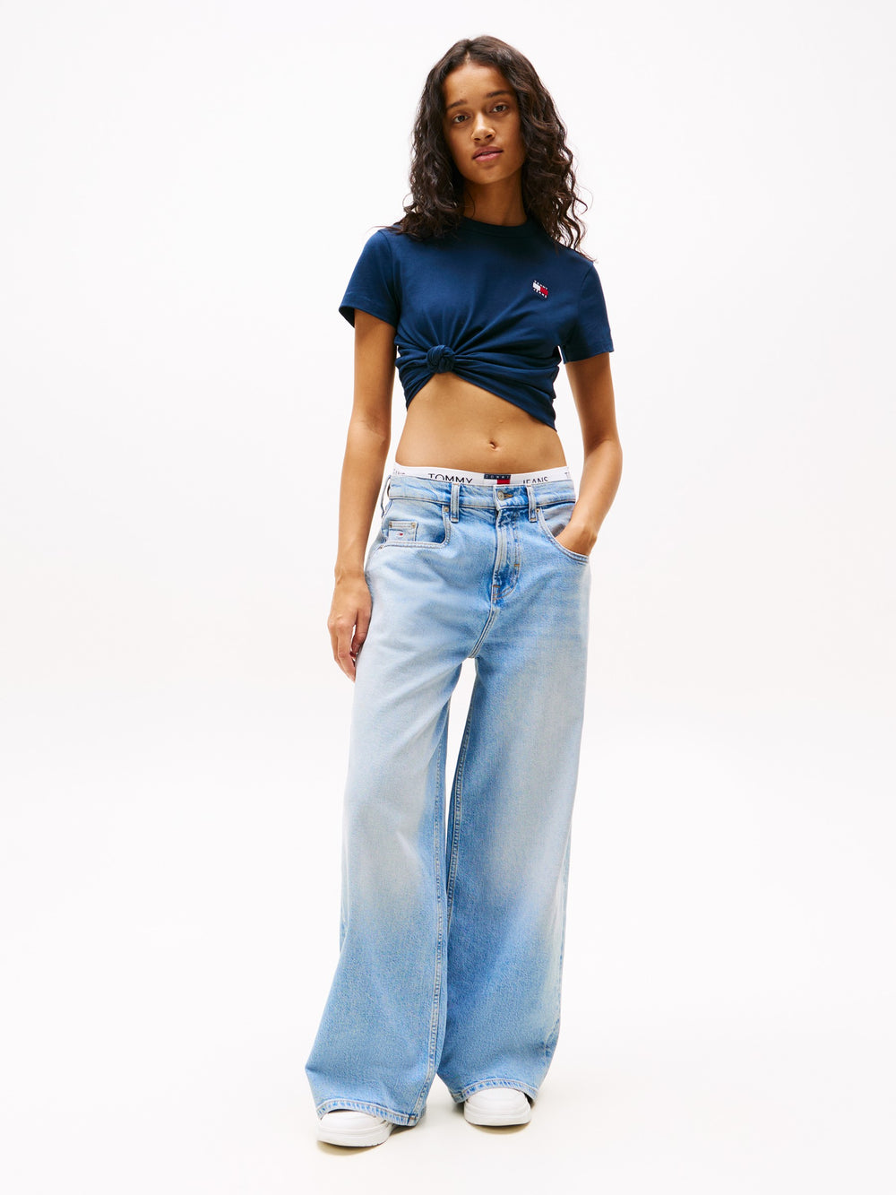 Women Mid Rise Light Wash Stretch Wide Jeans