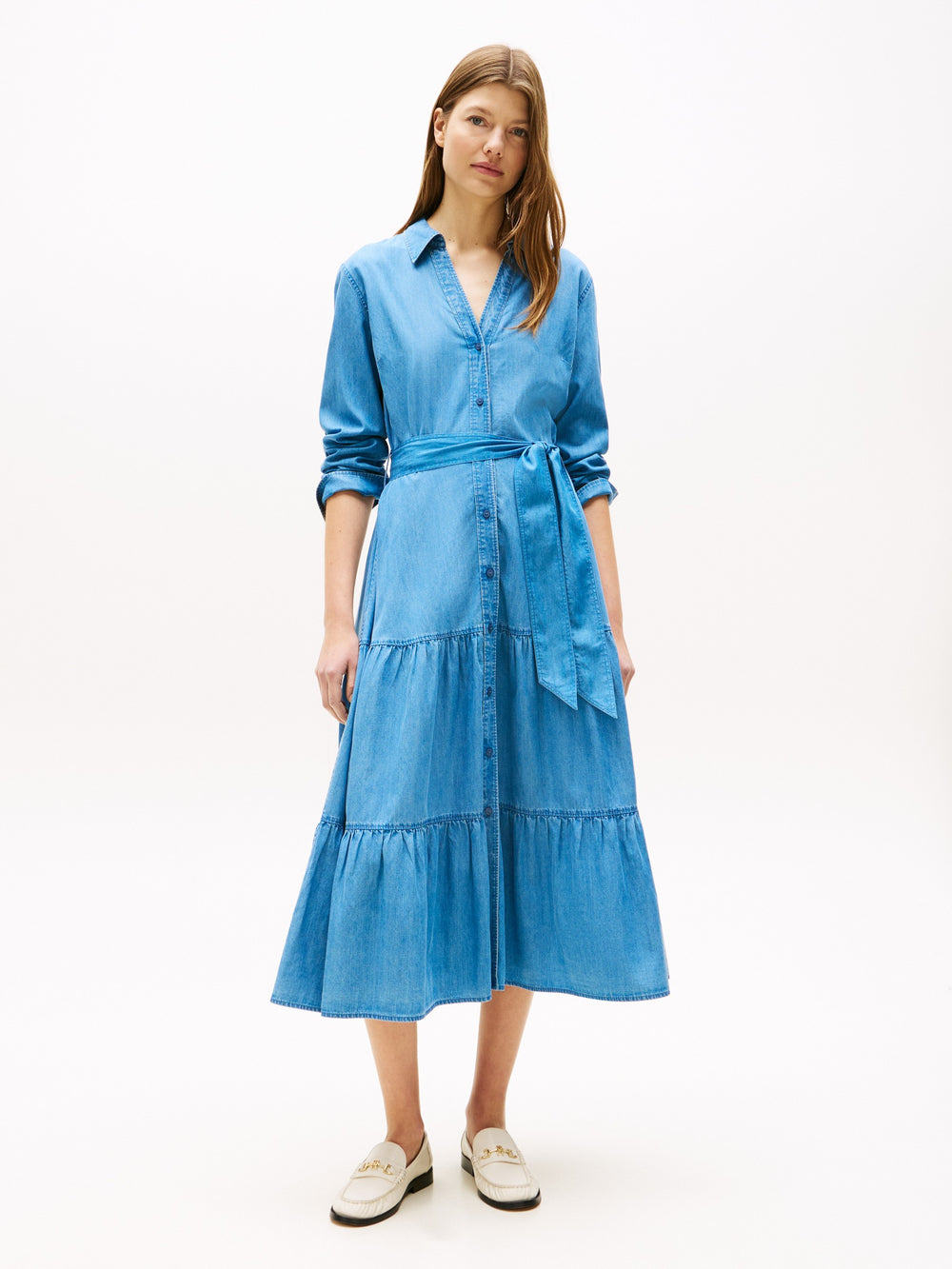 Full Sleeve Solid Chambray Fit and Flare Dress