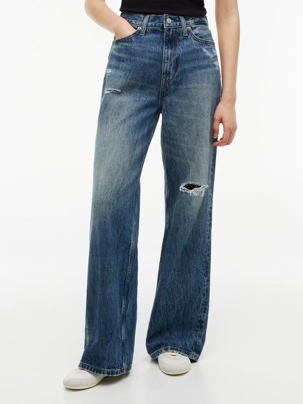 Women High Rise Mid Wash Wide Jeans