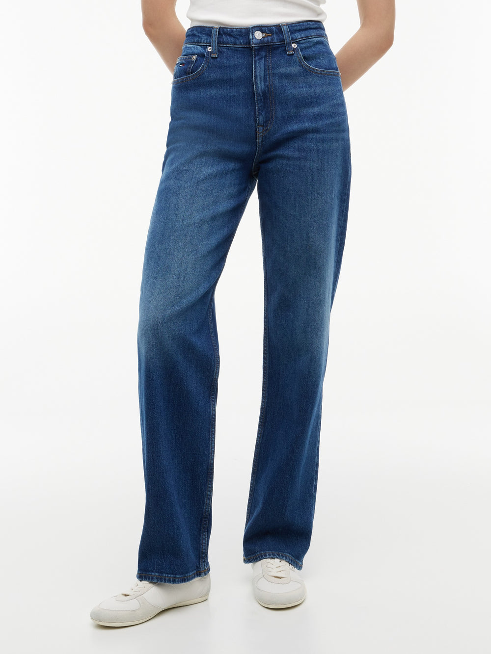 Women High Rise Mid Wash Stretch Slim Straight Jeans