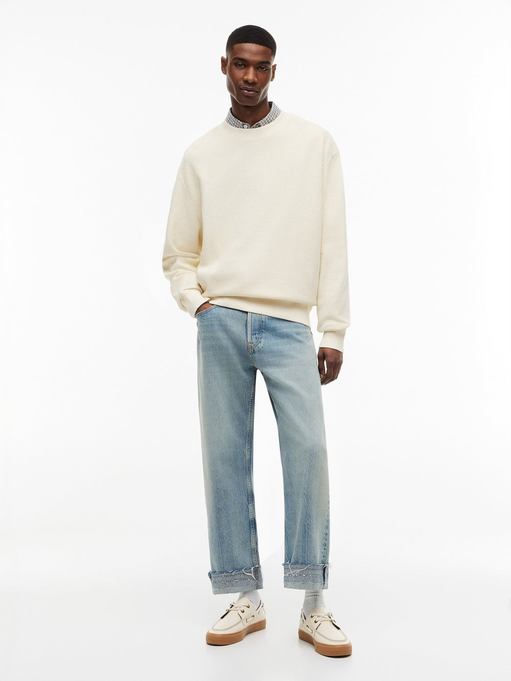 Relaxed Fit Waffle Crew Neck Sweatshirt