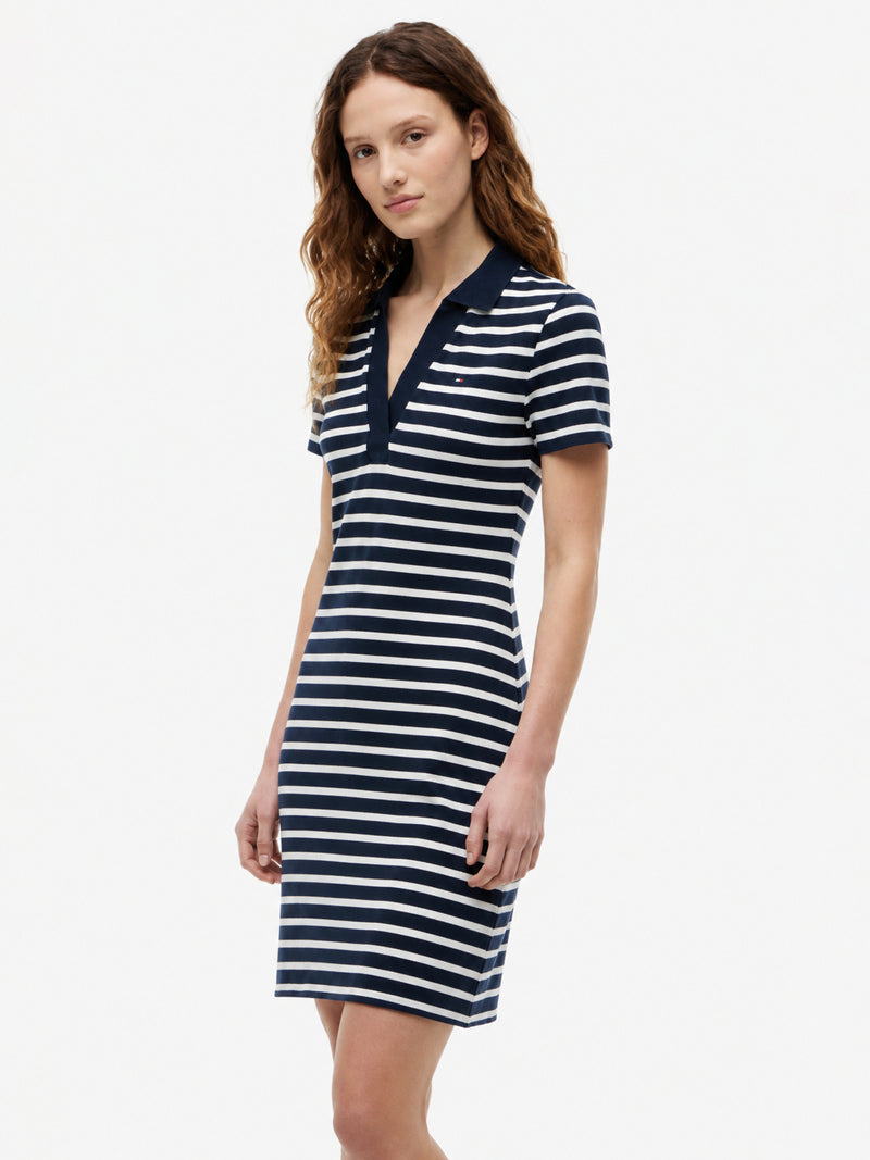 Half Sleeve Stripe Cotton Blend Bodycon Polo Dress