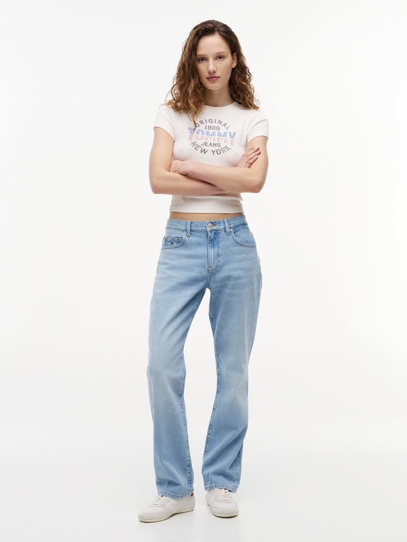 Mid Rise Light Wash Stretch Slim Straight Jeans