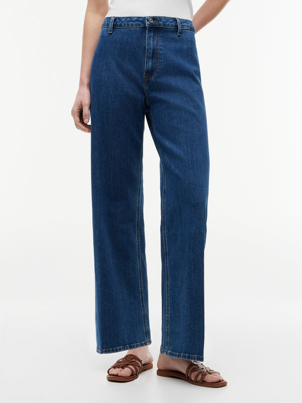 Women High Rise Dark Wash Stretch Wide Jeans