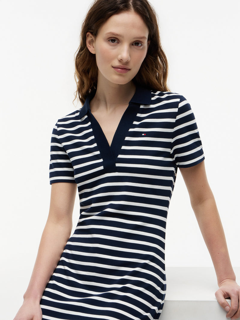 Half Sleeve Stripe Cotton Blend Bodycon Polo Dress