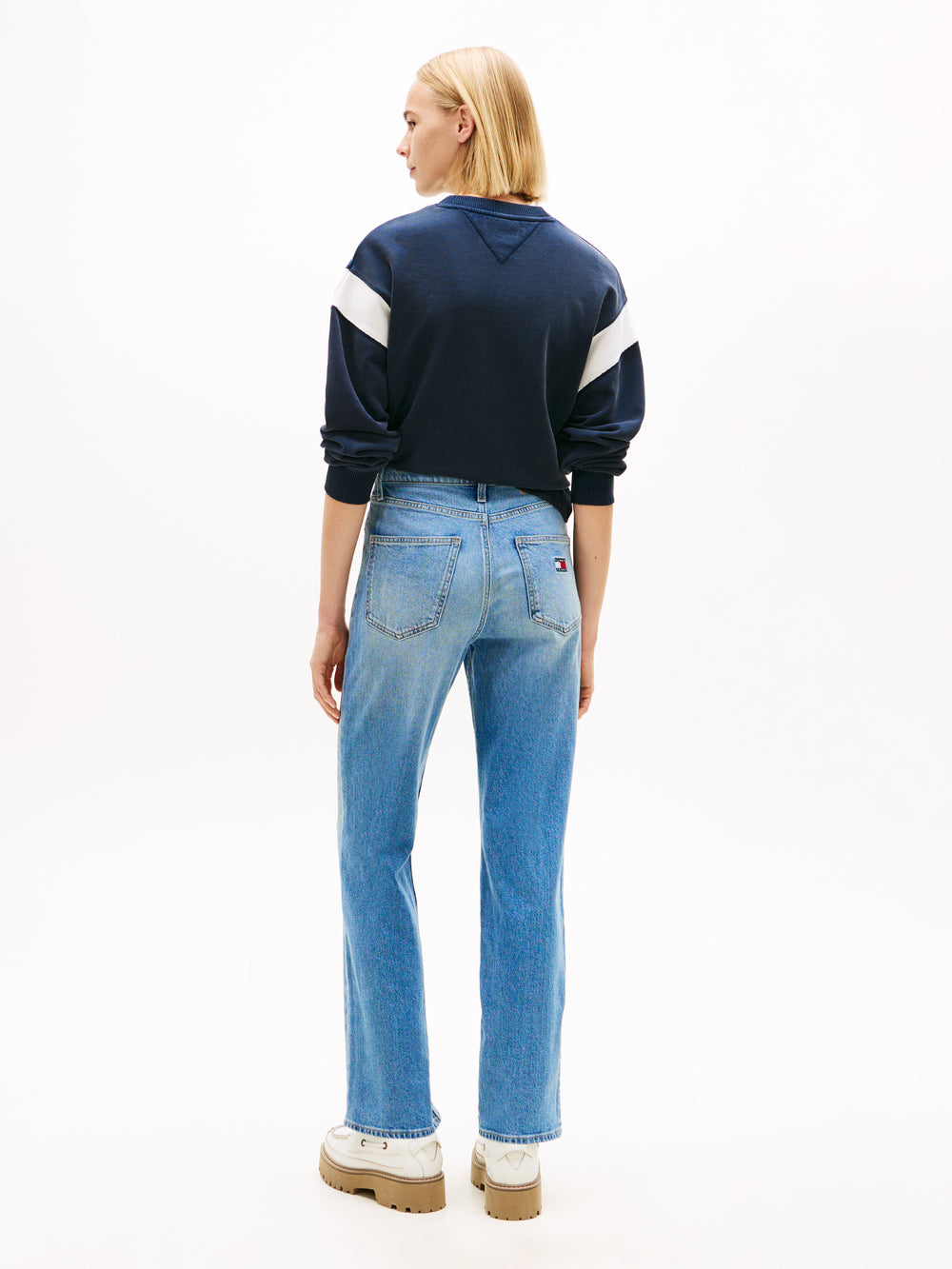 Women High Rise Mid Wash Stretch Straight Jeans