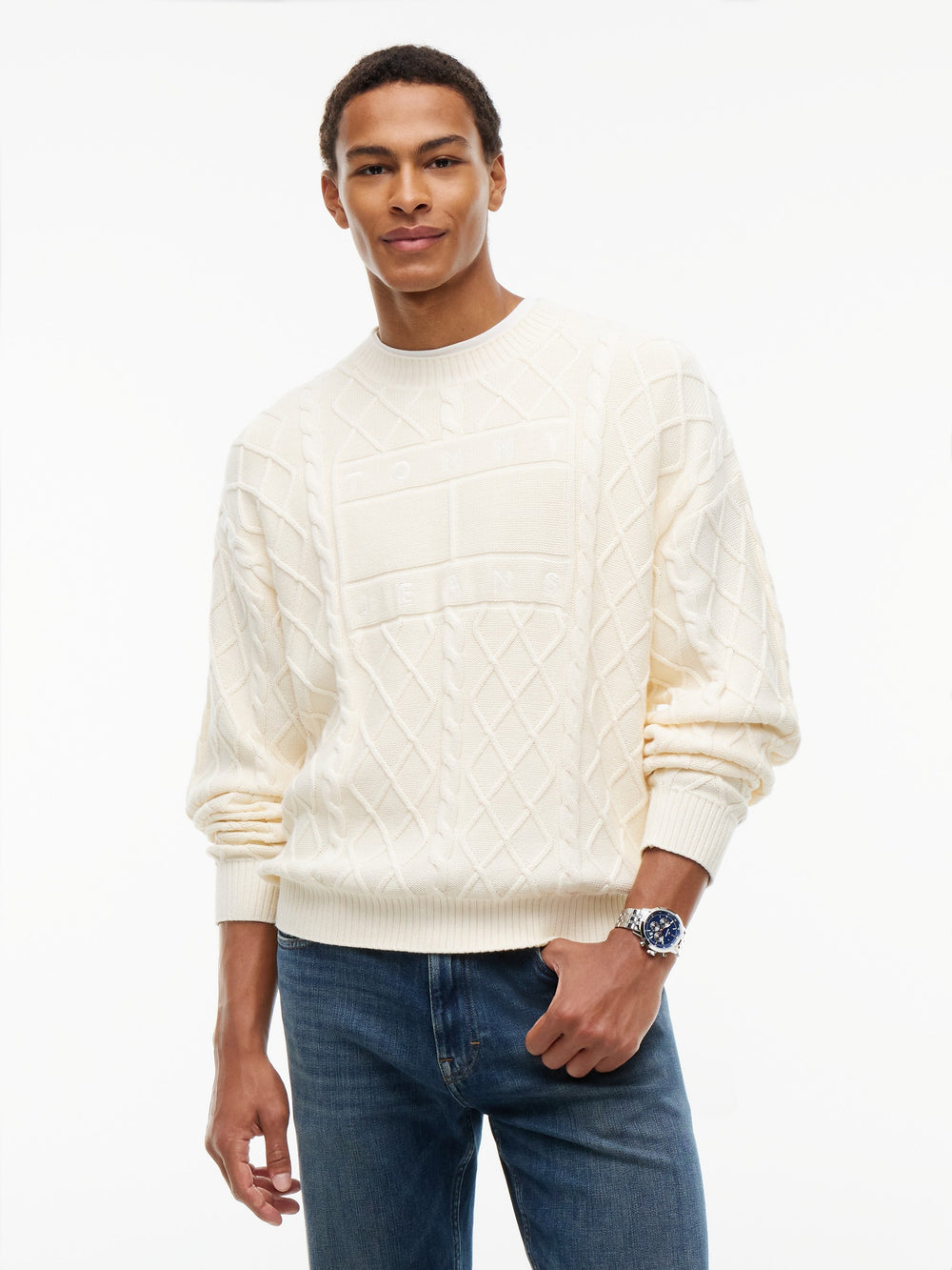 Relaxed Fit Badge Cable Knit Pullover