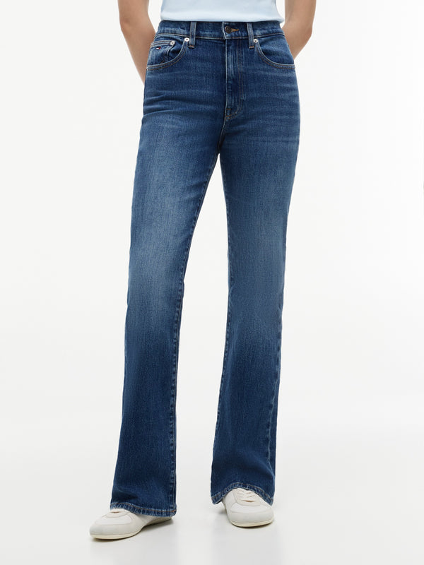 Women High Rise Mid Wash Stretch Flared Jeans