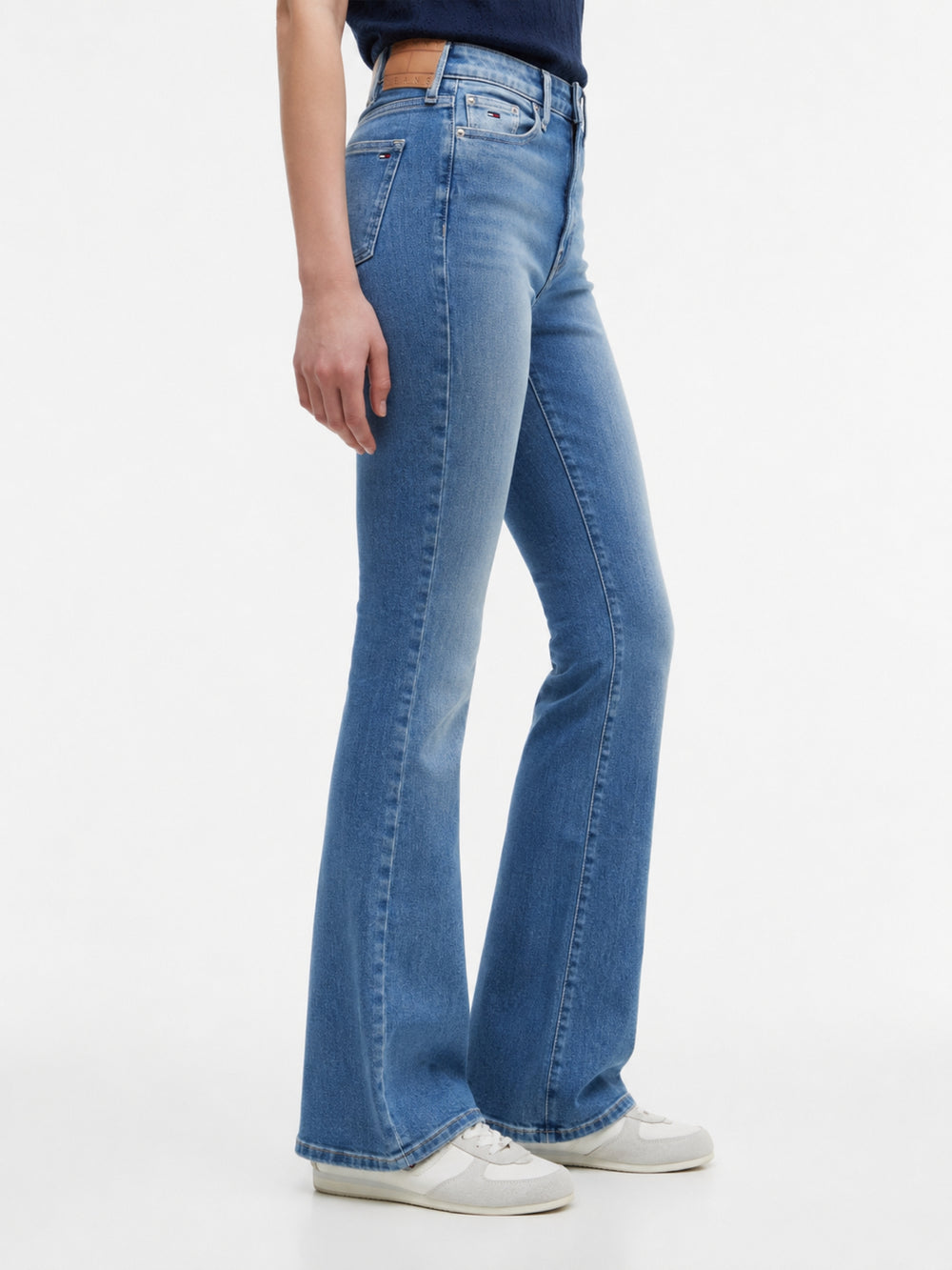 Women High Rise Mid Wash Stretch Flared Jeans