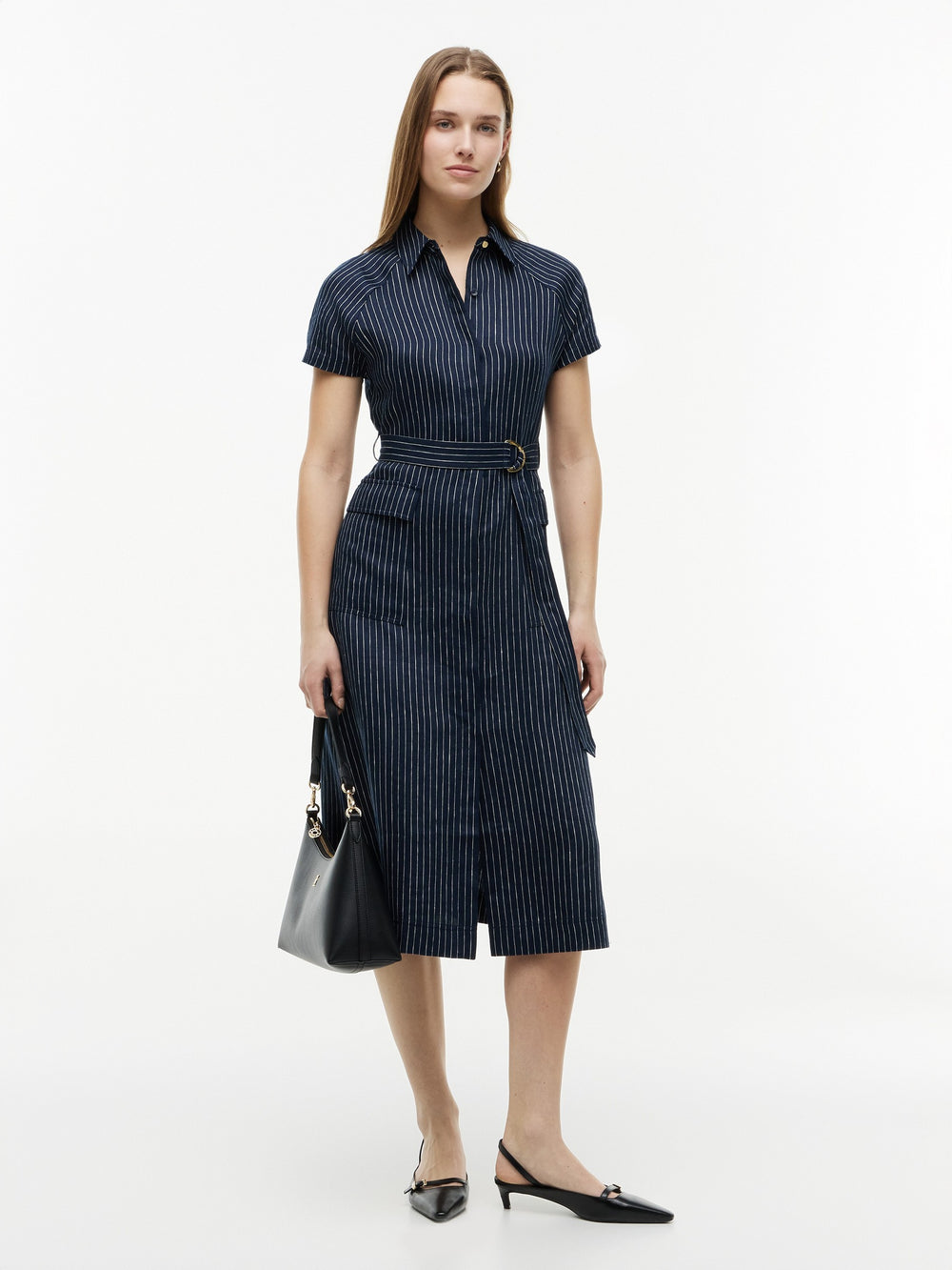 Half Sleeve Stripe Linen Fit and Flare Dress