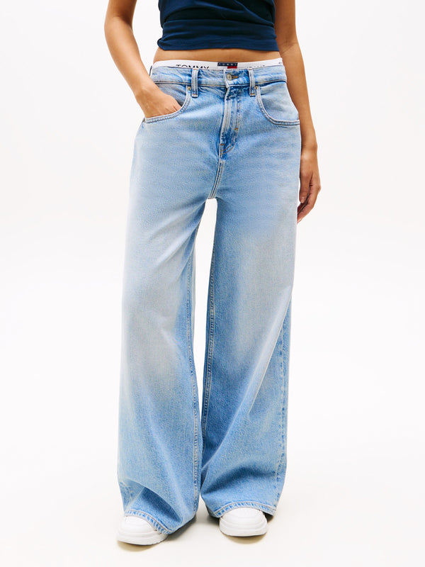 Women Mid Rise Light Wash Stretch Wide Jeans