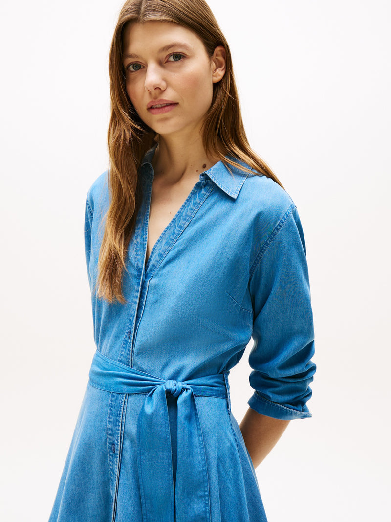 Full Sleeve Solid Chambray Fit and Flare Dress