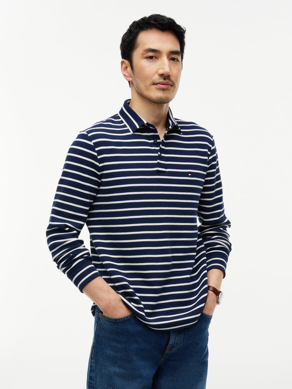 Long Sleeve Striped Textured Polo