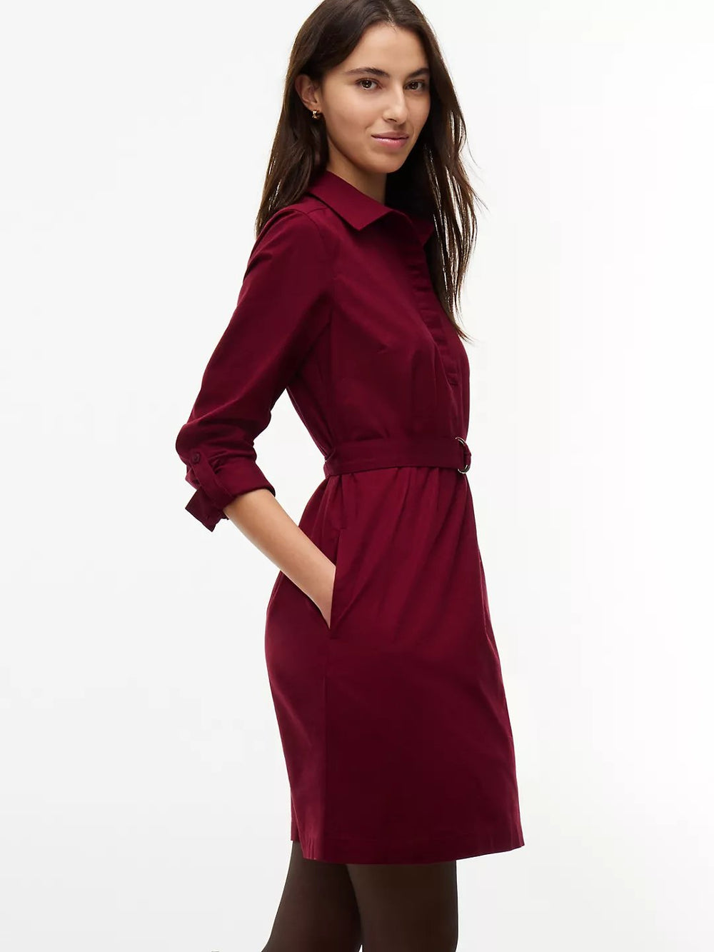 Full Sleeve Solid Cotton Blend Shirt Dress