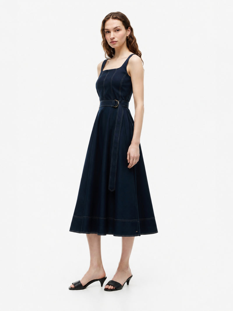 Half Sleeve Solid Cotton Blend Fit and Flare Dress
